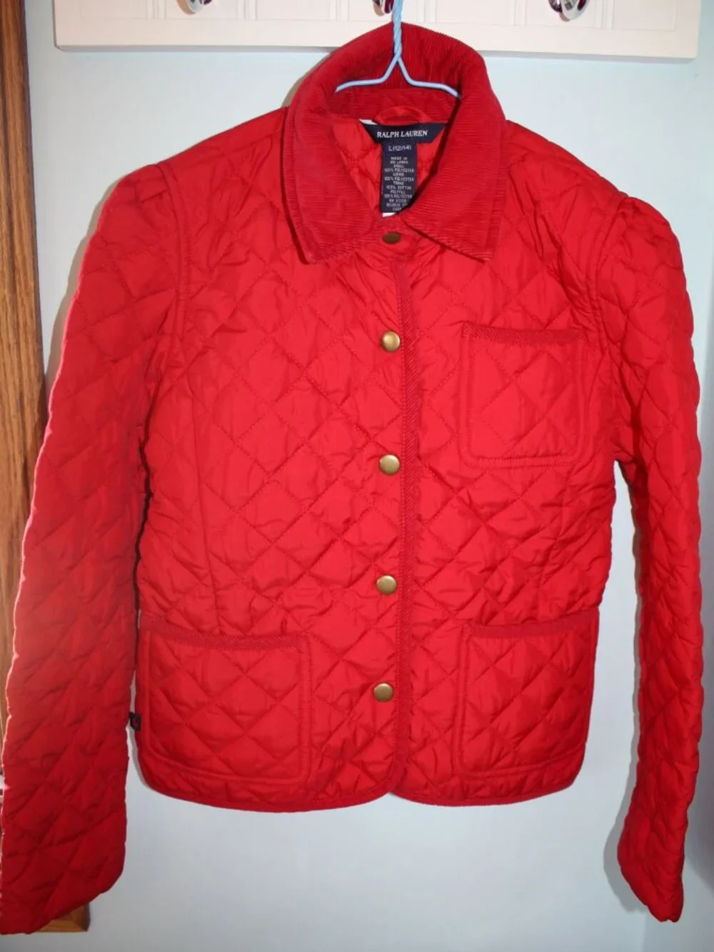 Ralph Lauren Girls Size L 12-14 Red Quilted Barn Coat Corduroy Collar Pockets